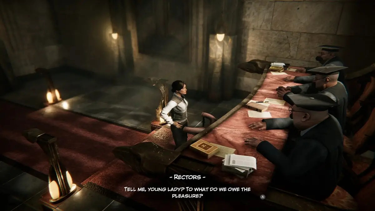 Kate talking to the Rectors in Syberia Remastered Review