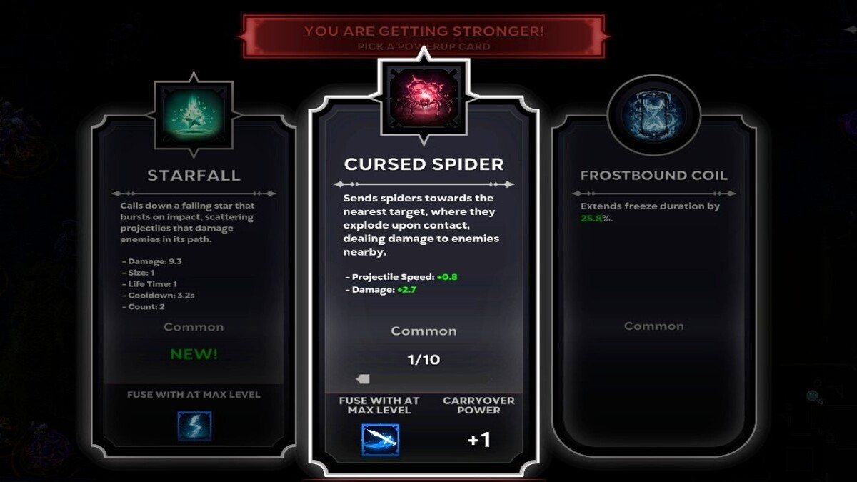In-game screenshot of player selecting Active and Fusible Relics in Night Swarm