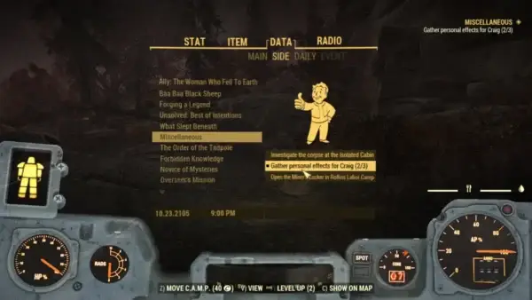In-game screenshot of quest log for Gather Personal Effects for Craig Quest Fallout 76