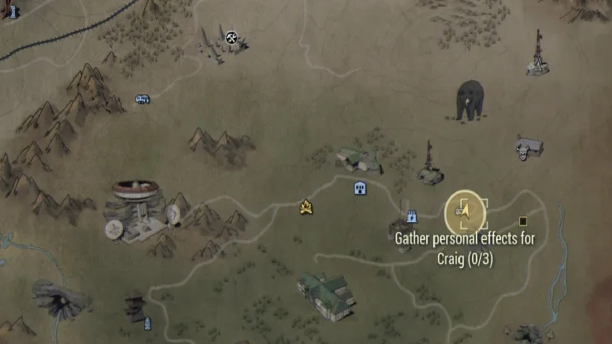 Map Showing the Gather Personal Effects for Craig Quest in Fallout 76