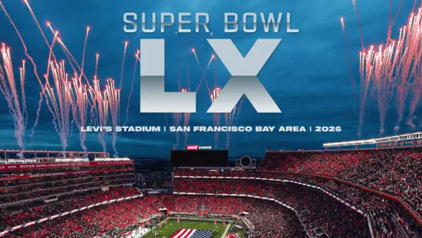 Promotional Artwork for Super Bowl LX at Levi's Stadium in San Francisco Bay Area used as the featured image for Can You Watch the Super Bowl on Peacock guide.