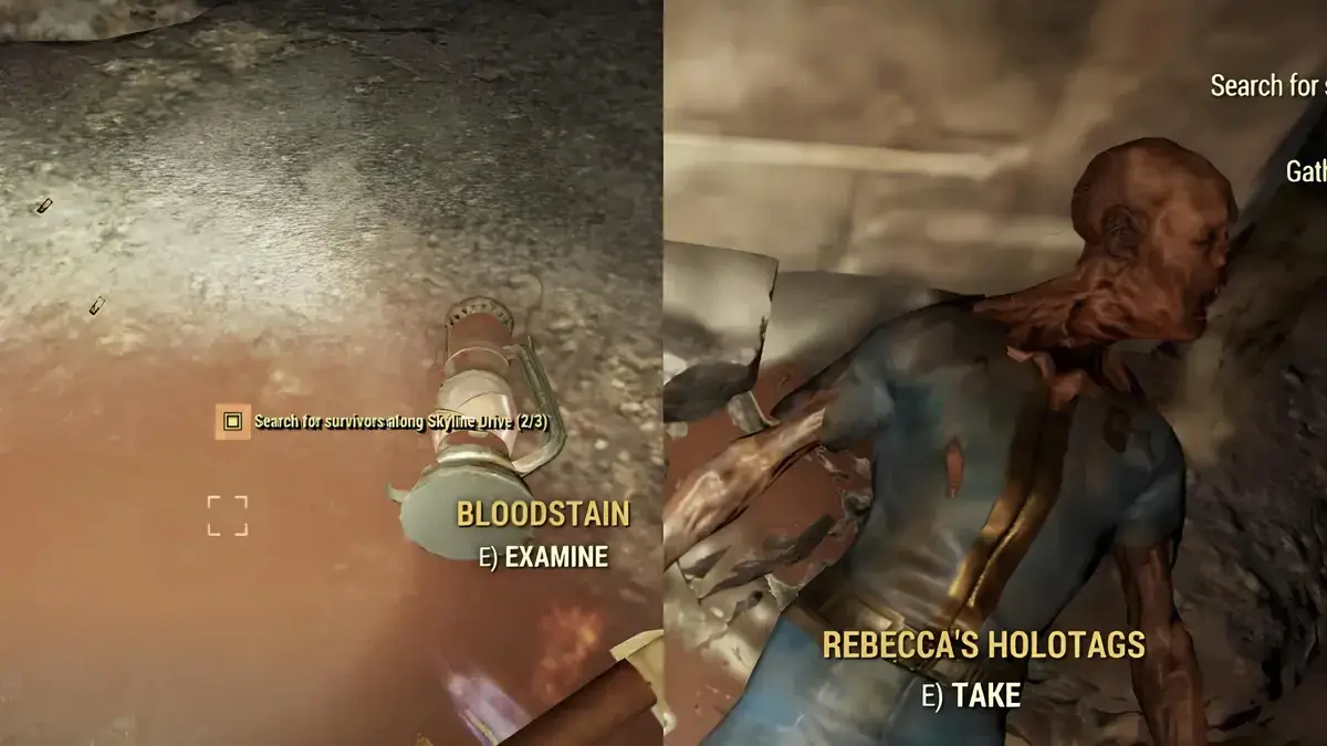Screenshot of Rebecca's Bloodstain and Her Holotags in Fallout 76 for Gather Personal Effects for Craig