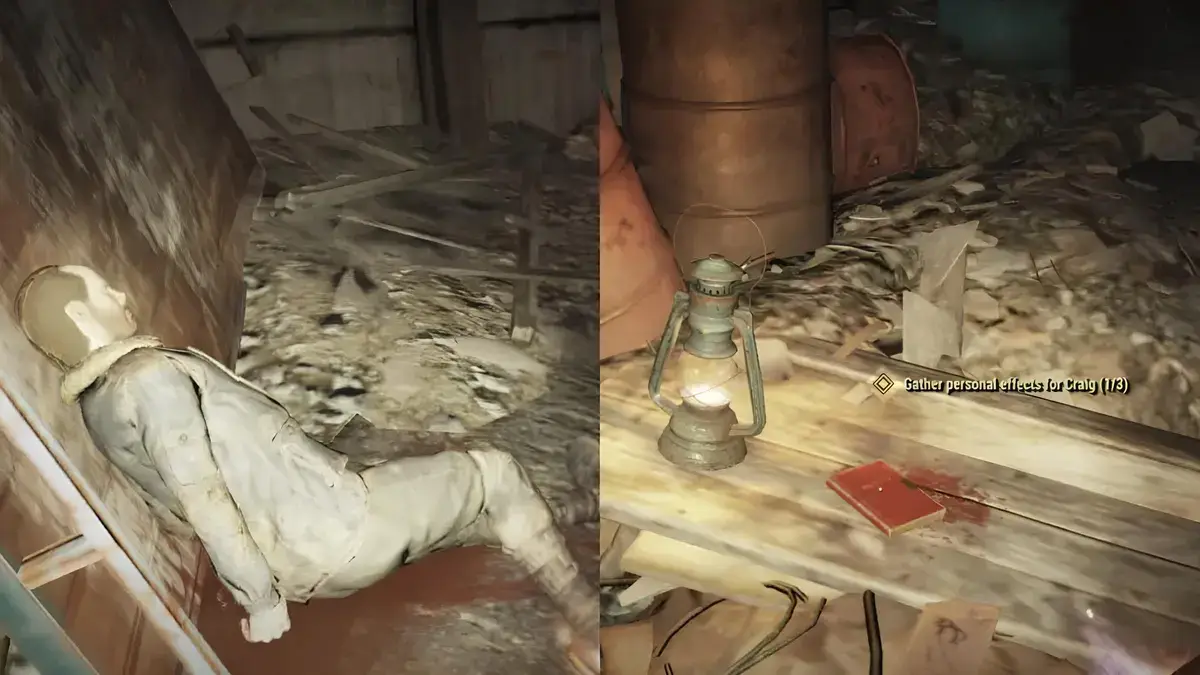 Screenshot of Rob's Body and His Journal in Fallout 76 for Gather Personal Effects for Craig