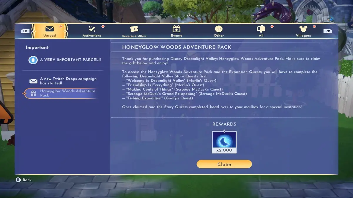 Honeyglow Woods Adventure Pack Quest Requirements Dreamlight Valley