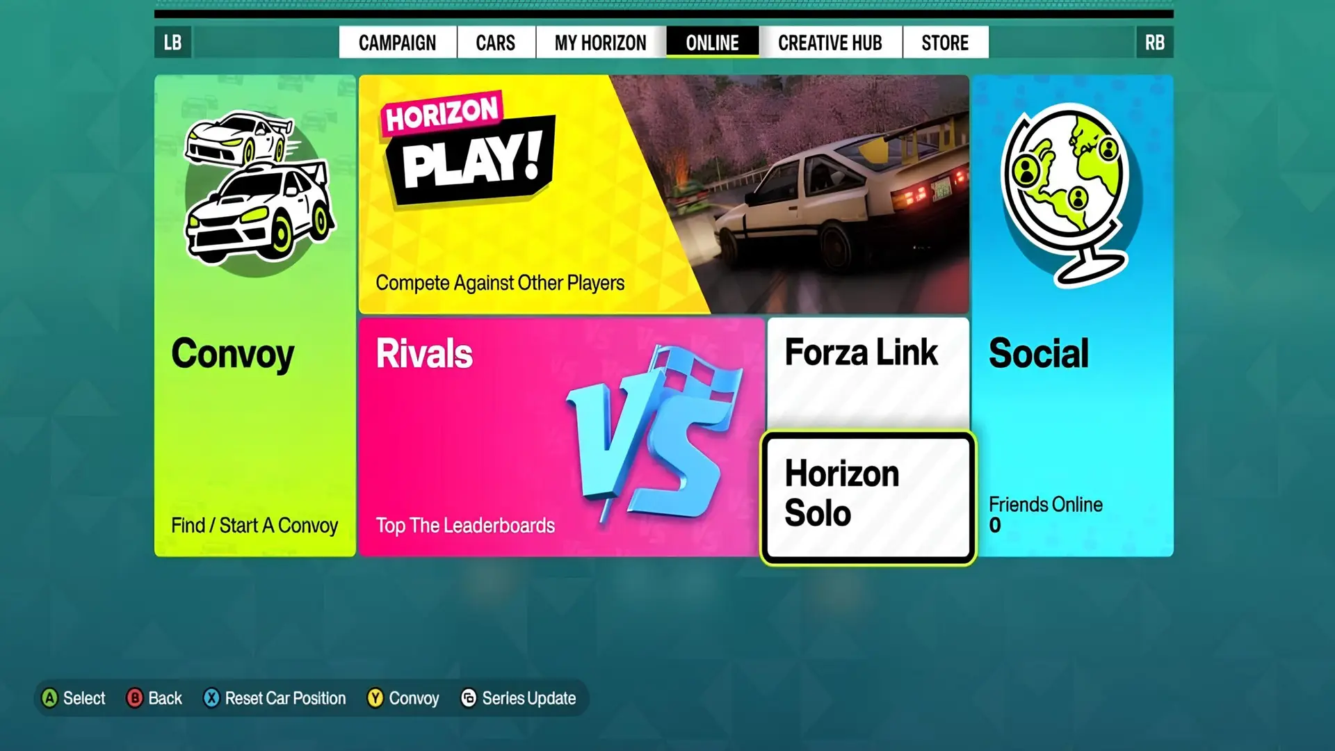 Swapping to Horizon Solo in Forza Horizon 6