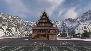 Screenshot of the Sotoyama Ski Resort Lodge FH6 used as featured image for #SkiHoliday Photo Challenge guide.