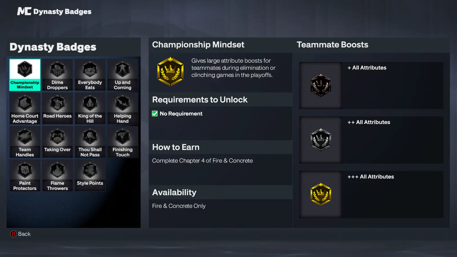 Dynasty Badges Screen NBA 2K27