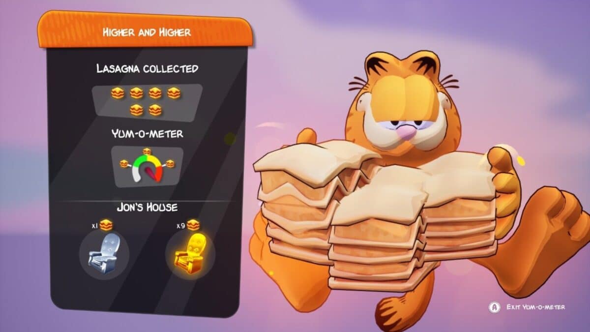 Screenshot of the post level screen for Higher and Higher Lasagna Locations in Garfield - Escape from Monday used as featured image.