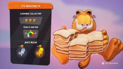 Screenshot of the post level screen for It's Showtime IV Lasagna Locations in Garfield - Escape from Monday used as the featured image.