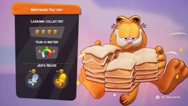 Screenshot of the post level screen for Nightmare Factory Lasagna Locations in Garfield - Escape from Monday used as the featured image.