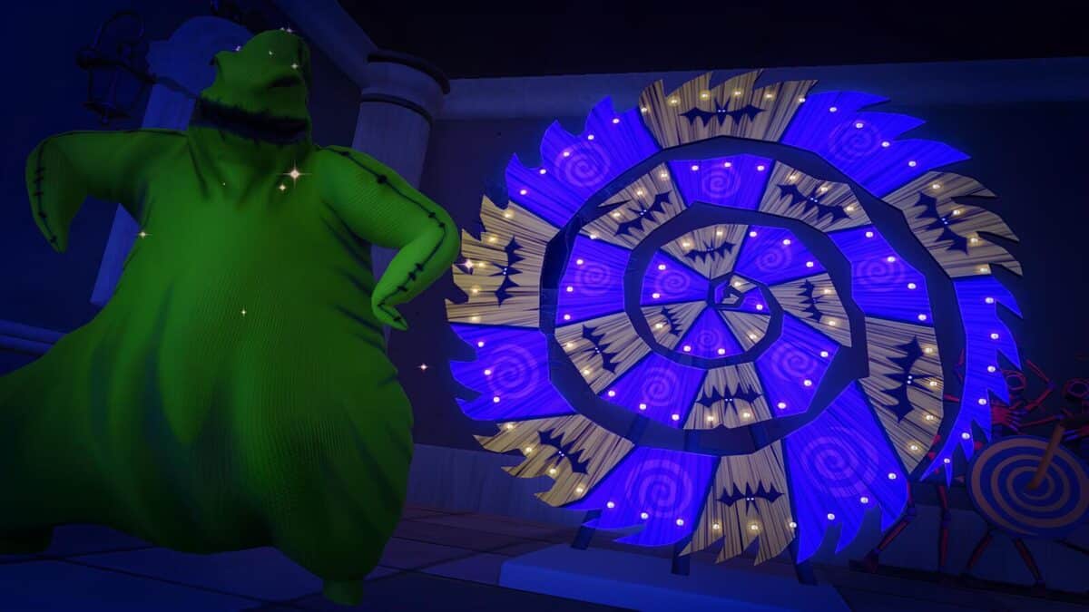 Screenshot of Oogie Boogie and the Lucky Wheel in Disney Dreamlight Valley (DDV) used as the featured image for A Halloween Invasion question guide/walkthrough.