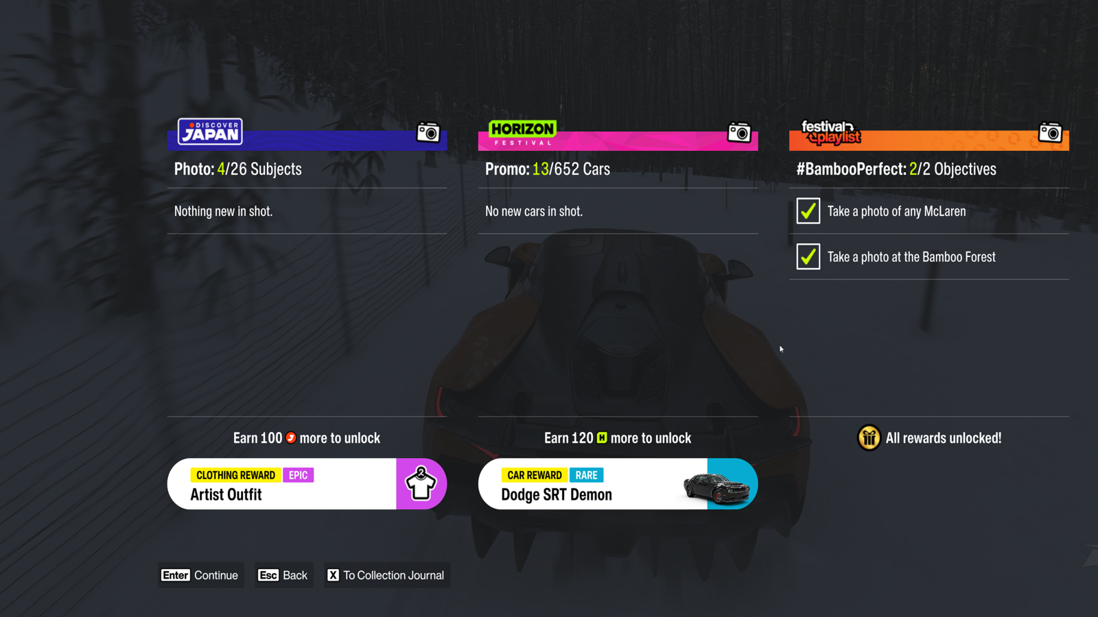 Reward for taking a photo in th eArashiyama bamboo forest in Forza Horizon 6