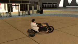 Screenshot of player Riding the Bootcamp Drift Trike in the city in NBA 2K27.