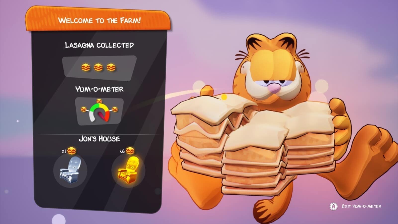 Screenshot of the Welcome to the Farm Lasagna Locations in Garfield Escape From Monday post level screen.