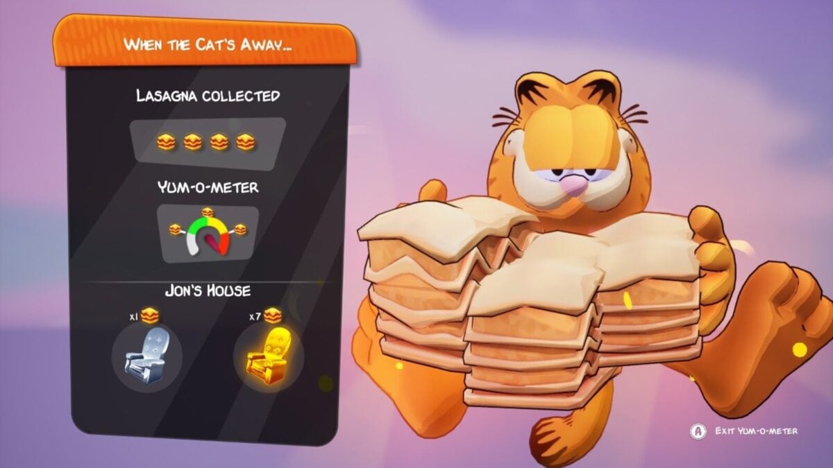 Screenshot of the When the Cat's Away Lasagna Locations in Garfield - Escape from Monday post level screen.