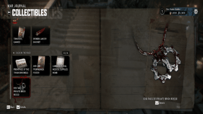 Screenshot of the COG Tags of Private Brick Rosso collectibles in Gears of War E-Day used as the featured image for Act 1 guide.
