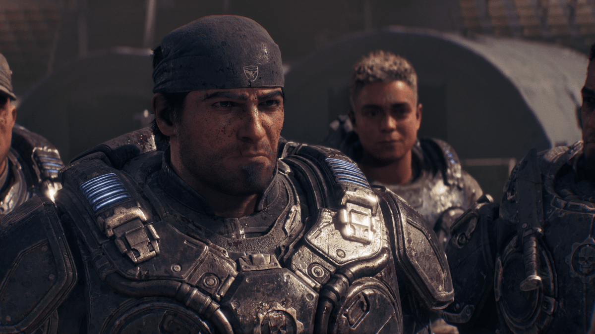 Screenshot of Fenix, Lucas, Mags, and Dom in Gears of War E-Day used as the featured image for voice cast guide.