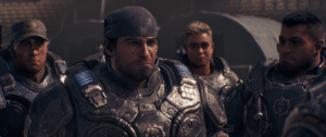 Screenshot of Fenix, Lucas, Mags, and Dom in Gears of War E-Day used as the featured image for voice cast guide.