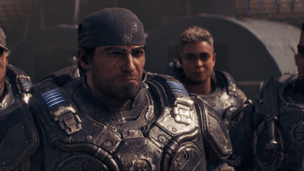 Screenshot of Fenix, Lucas, Mags, and Dom in Gears of War E-Day used as the featured image for voice cast guide.